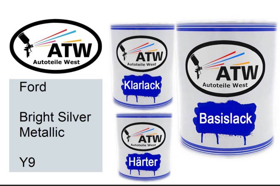 Ford, Bright Silver Metallic, Y9: 1L Lackdose + 1L Klarlack + 500ml Härter - Set, von ATW Autoteile West.